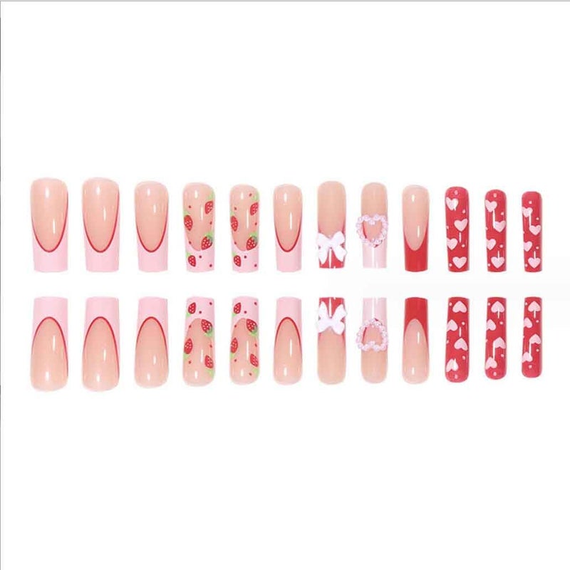 Foccna Press on Nails Long Rhinestone Pink Fake Nails Square Bling Glossy Artificial Nails Finger Manicure for Women and Girls-24pcs (Long Nails 3) - Image 3